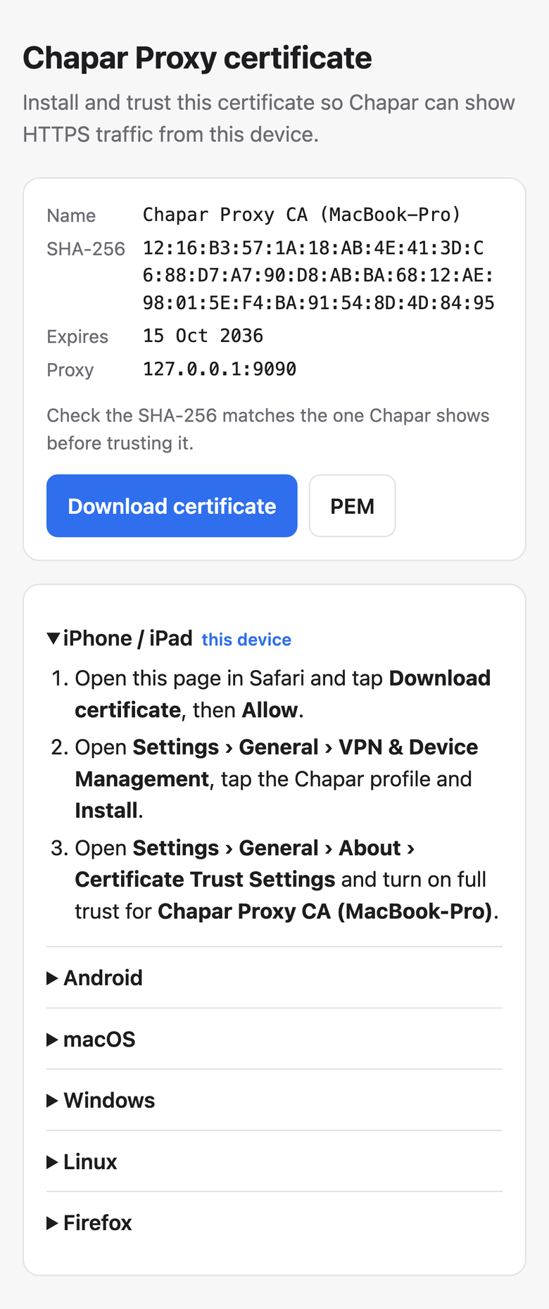 The chapar.mitm page on an iPhone