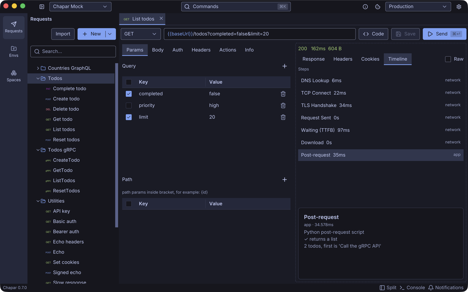 Test results and logs in the timeline