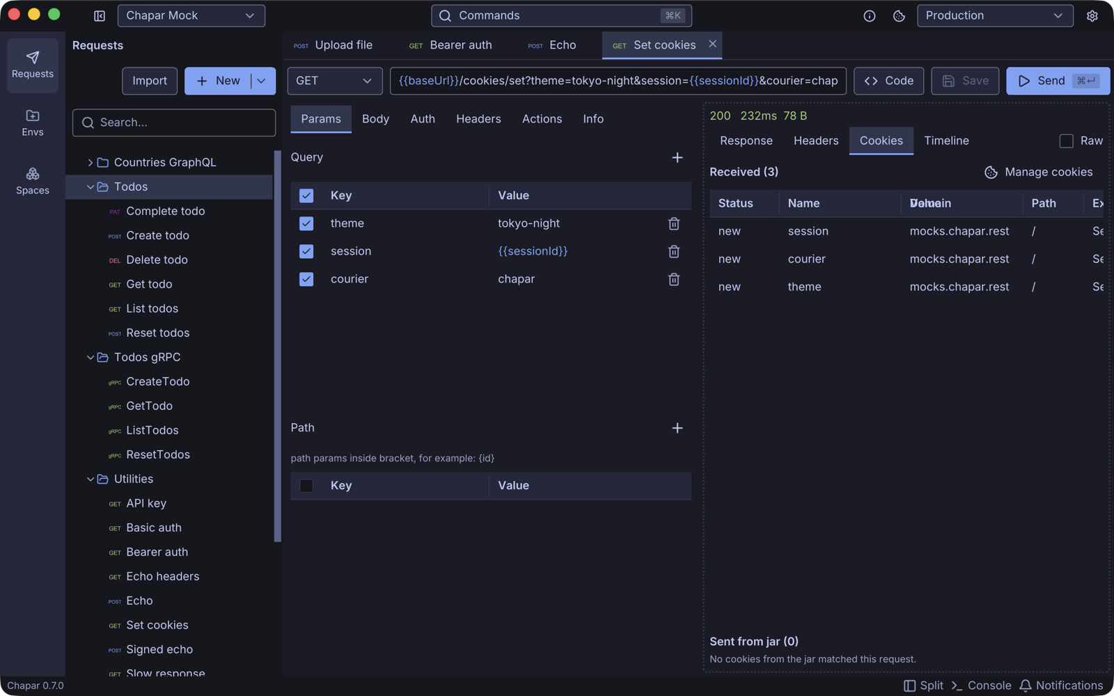 The response Cookies tab