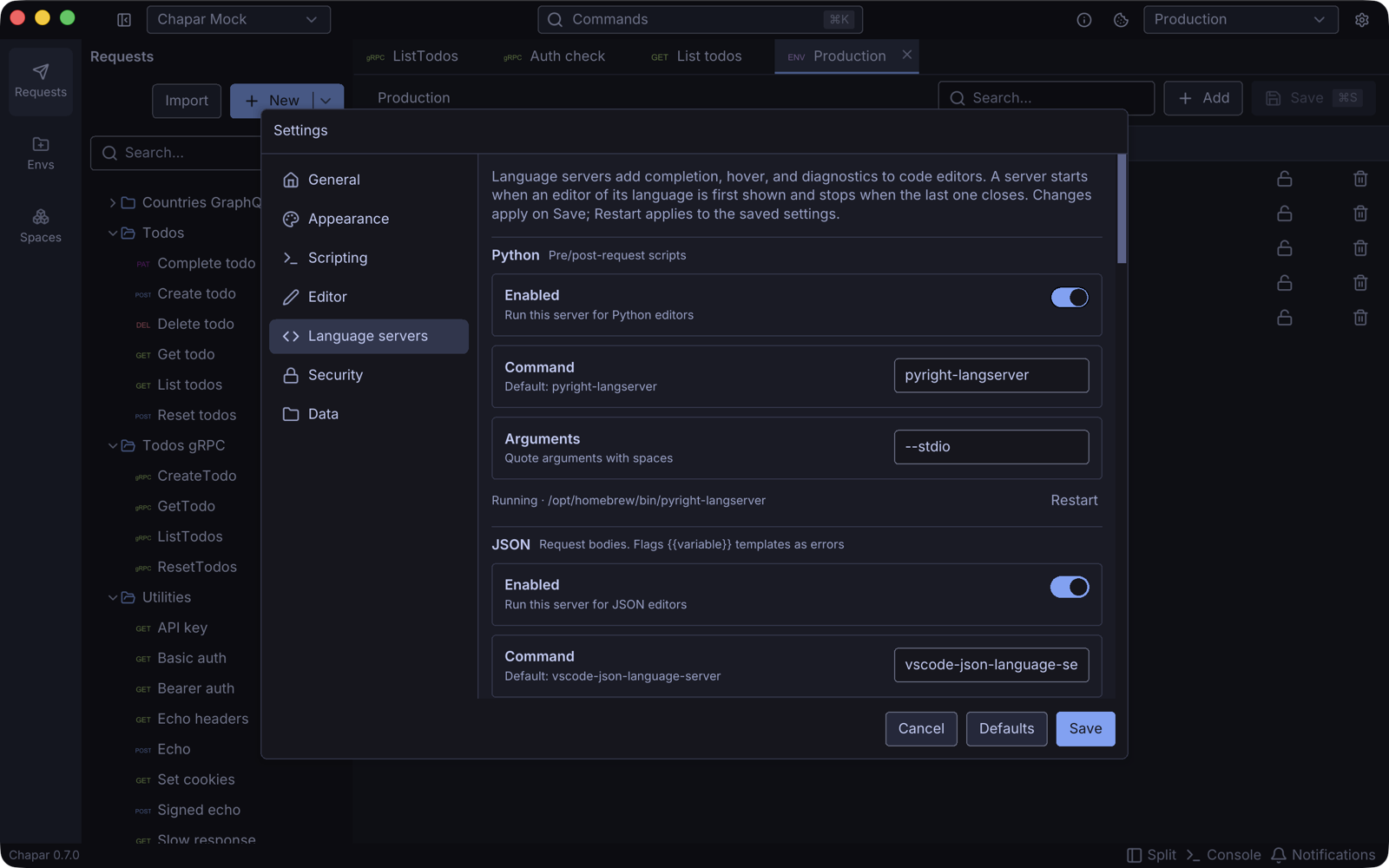 Language server settings